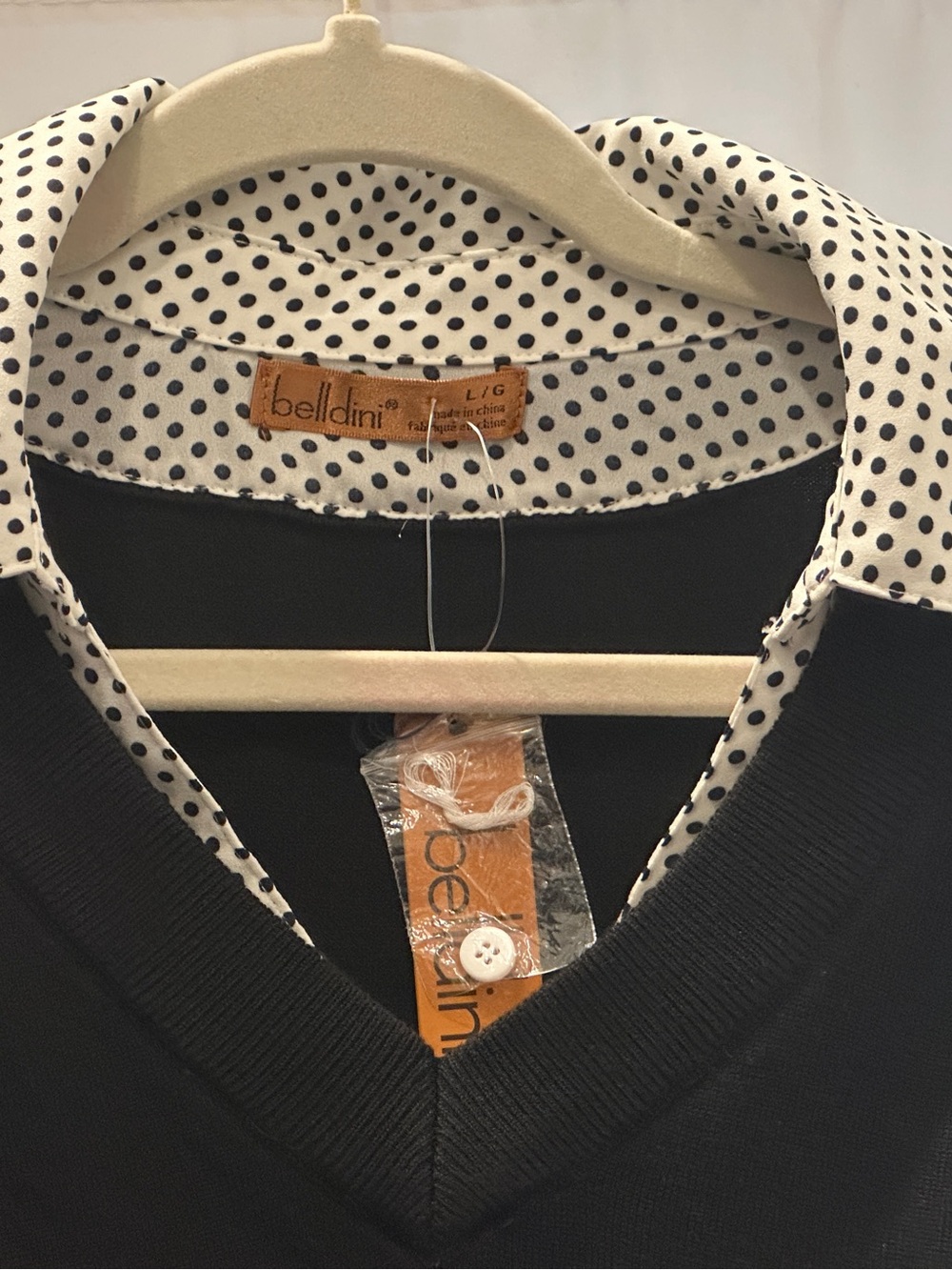 Belldini Two-Fer V-Neck Sweater L NWT Black White Polka Dot - Picture 3 of 6